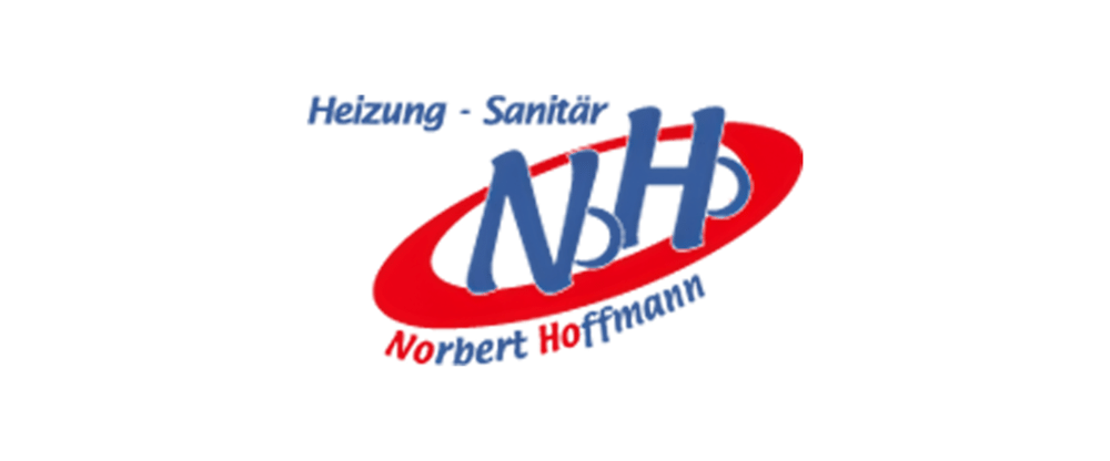 Logo mit blauen Buchstaben "NH" auf rotem Oval, darüber "Heizung - Sanitär", darunter "Norbert Hoffmann".